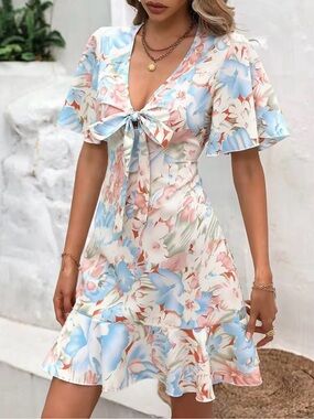 Tie-Front Floral Mini Dress in Blue & Pink